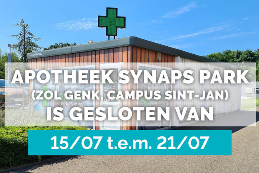Apotheek Synaps Park sluit 1 week wegens zomerverlof 